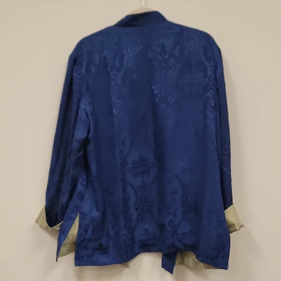 Reversible Asian Inspired Jacket Sage Green Blue Frog Closure Mandarin Collar - Picture 4 of 10